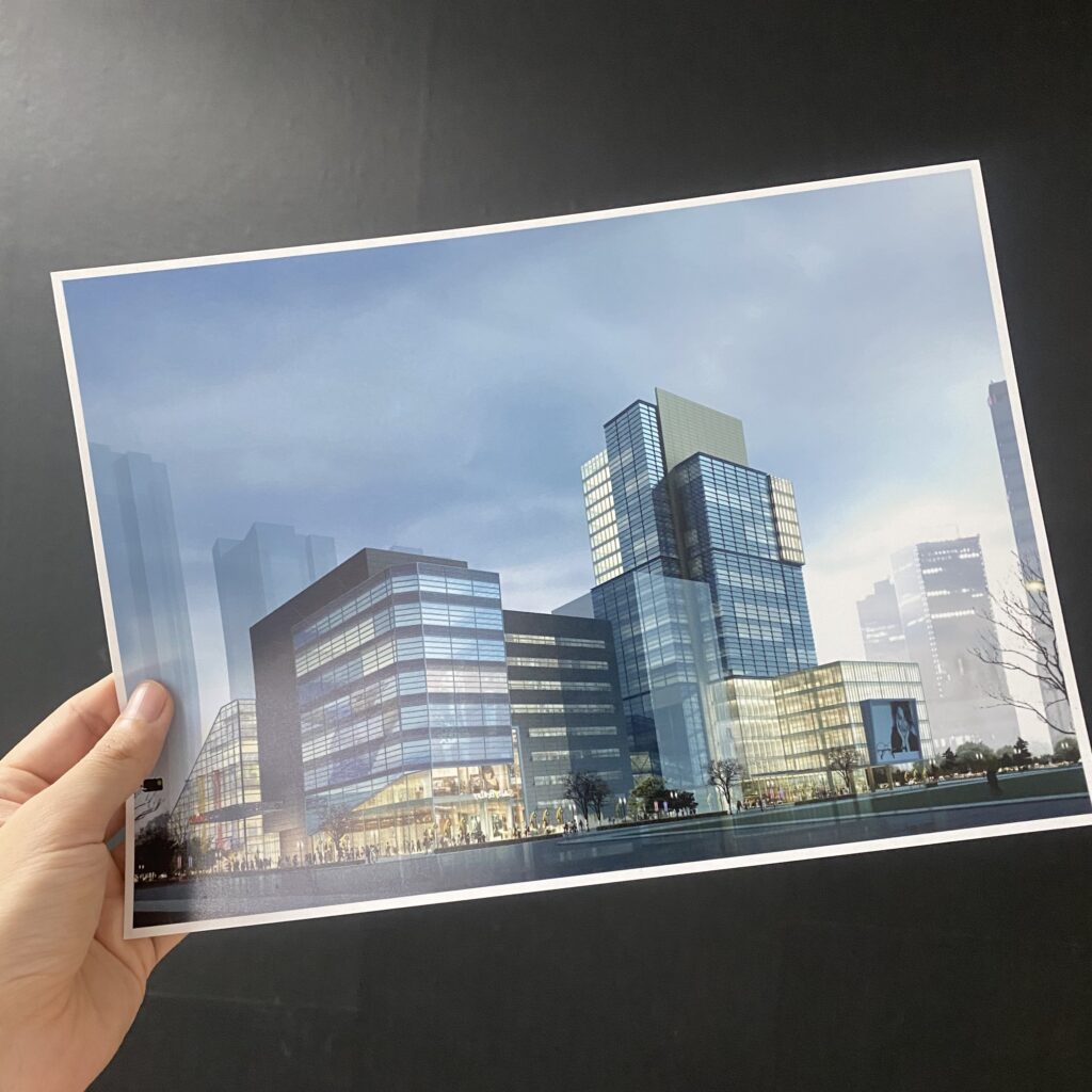epson-p703-architectural-rendering-print-clean-lines งานพิมพ์ภาพ Perspective สถาปัตยกรรมจากเครื่องพิมพ์ P703 แสดงความแม่นยำของเส้นสายและการไล่เฉดสีท้องฟ้าที่เนียนตา เหมาะสำหรับงานนำเสนอระดับพรีเมียม
